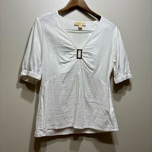 MICHAEL Michael Kors Y2K Buckle V Neck Short Sleeve Linen Blouse Top White